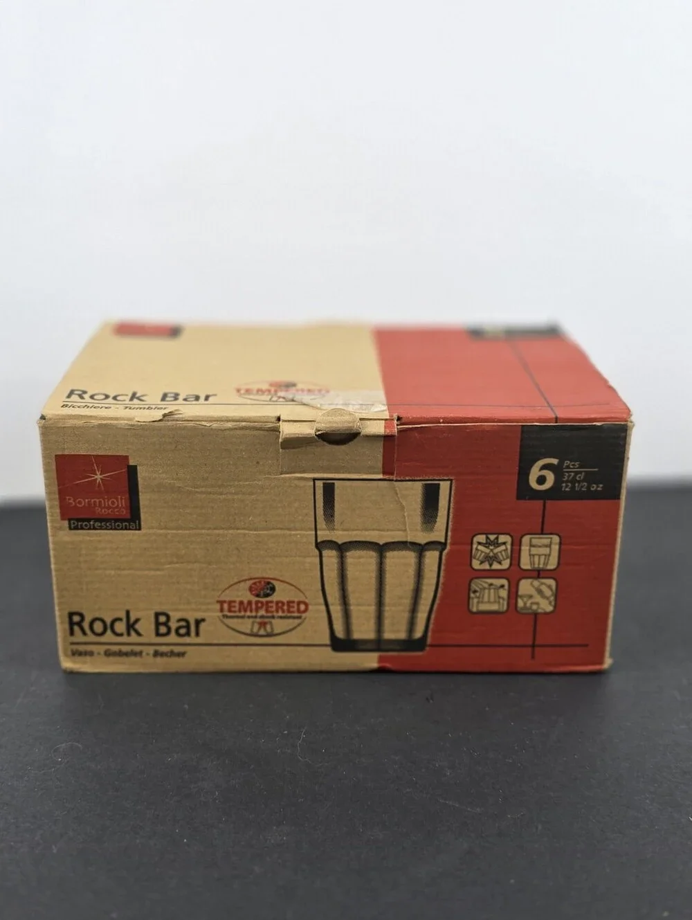 Bormioli Rocco Rock Bar 12.5 oz Tumblers Set of 6 Tempered Glass Italy